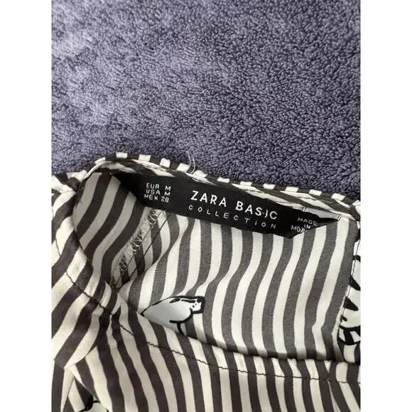 Zara Basic Cat Print Striped Blouse Tie Waist Long Sleeve Shirt Womens -Medium - Picture 5 of 7
